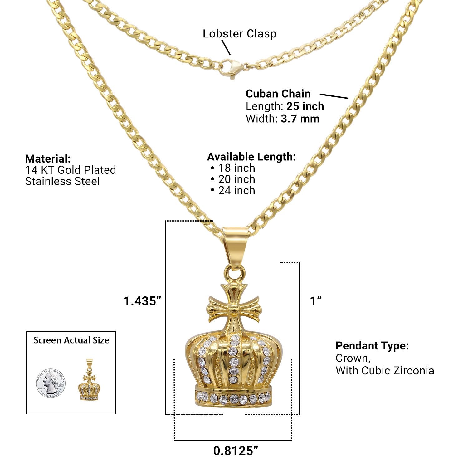 Gold Plated On Stainless Steel Cubic Zirconia King with Crown Pendant