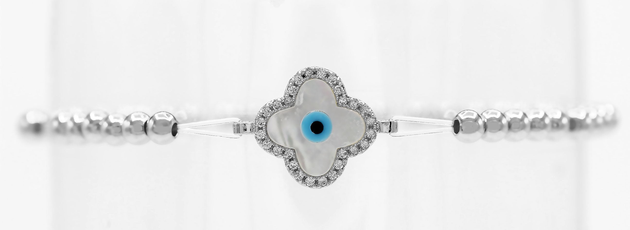 Evil Eye Brass Flower Charm Bracelet Silvertone