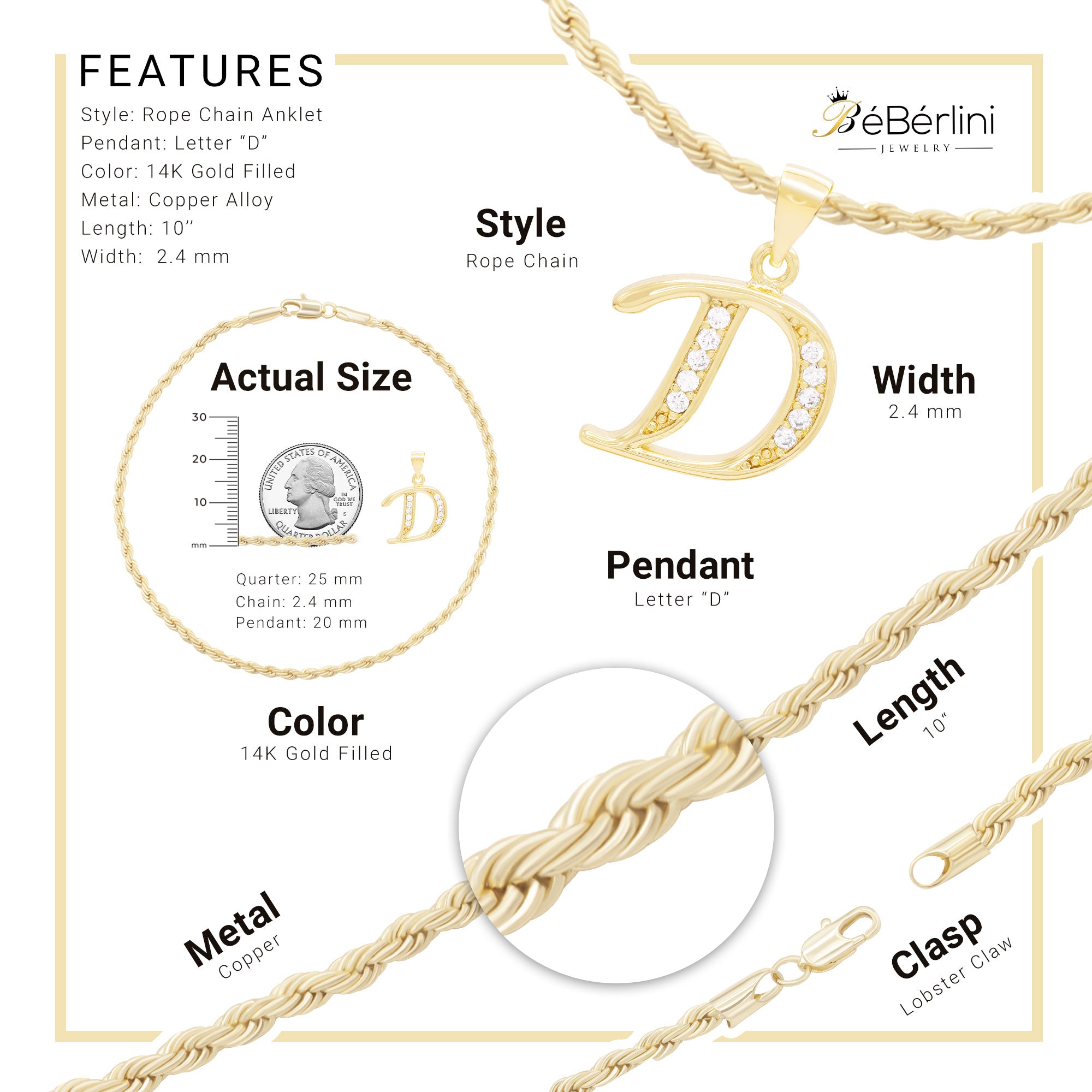 Beberlini CZ Heart Pendant 14K Gold Filled Charm Necklace Set Cuban Link Box Rope Chain Lobster Clasp Fashion Cubic Zirconia Jewelry Gift Women Girls