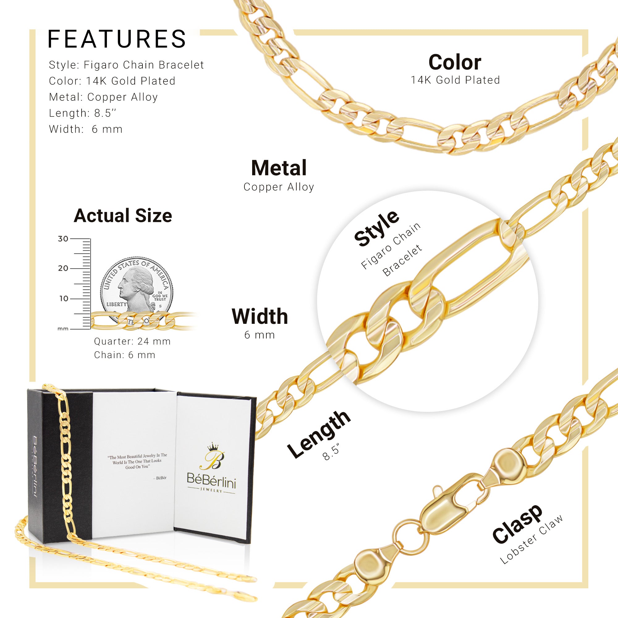 Figaro Bracelet 14K Gold Plated Jewelry